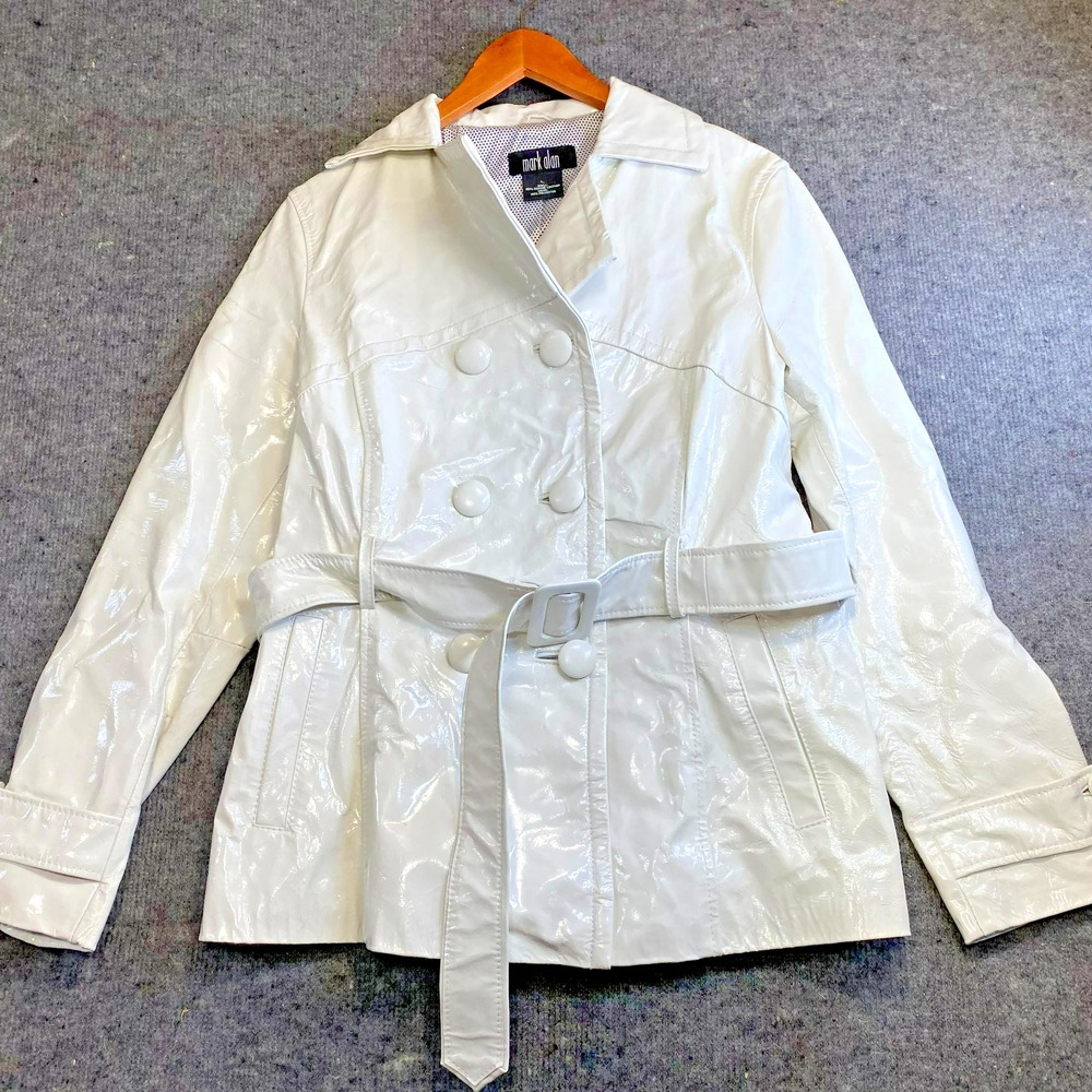 Mark Alan Women’s 100% Leather White Jacket Belted Coat Size Large Lined